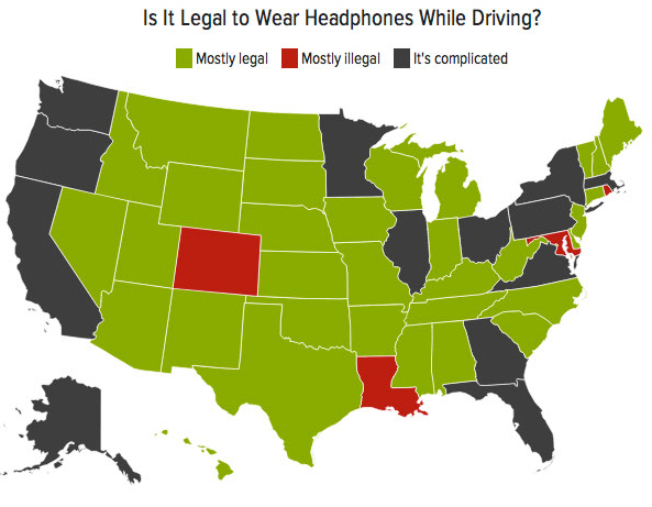 headphones while driving by state